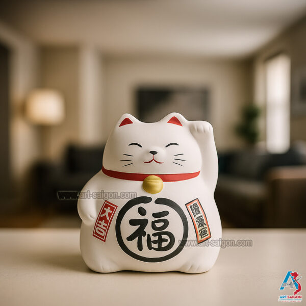 Maneki Neko Blanc, Tirelire, Fabriqué au Japon. Chat Porte Bonheur Japonais, Lucky Cat | Décoration et Artisanat Asiatique - Article vendu par la Boutique Art-Saigon.com