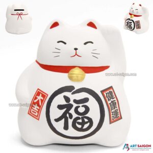 Maneki Neko Blanc, Tirelire, Fabriqué au Japon. Chat Porte Bonheur Japonais, Lucky Cat | Décoration et Artisanat Asiatique - Article vendu par la Boutique Art-Saigon.com