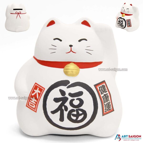 Maneki Neko Blanc, Tirelire, Fabriqué au Japon. Chat Porte Bonheur Japonais, Lucky Cat | Décoration et Artisanat Asiatique - Article vendu par la Boutique Art-Saigon.com