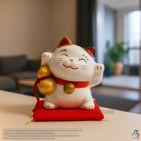 Maneki Neko Blanc, Fabriqué au Japon. Chat Porte Bonheur Japonais, Lucky Cat | Décoration et Artisanat Asiatique - Article vendu par la Boutique Art-Saigon.com