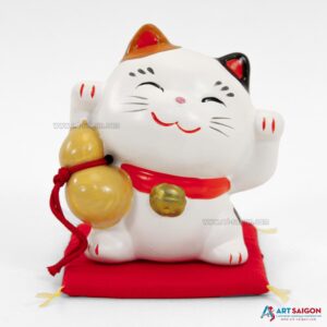 Maneki Neko Blanc, Fabriqué au Japon. Chat Porte Bonheur Japonais, Lucky Cat | Décoration et Artisanat Asiatique - Article vendu par la Boutique Art-Saigon.com