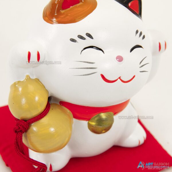 Maneki Neko Blanc, Fabriqué au Japon. Chat Porte Bonheur Japonais, Lucky Cat | Décoration et Artisanat Asiatique - Article vendu par la Boutique Art-Saigon.com