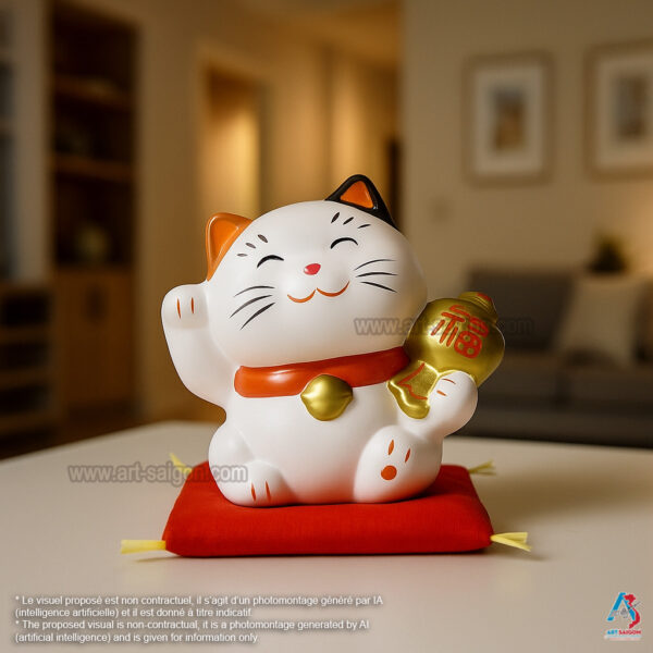 Maneki Neko Blanc, Fabriqué au Japon. Chat Porte Bonheur Japonais, Lucky Cat | Décoration et Artisanat Asiatique - Article vendu par la Boutique Art-Saigon.com