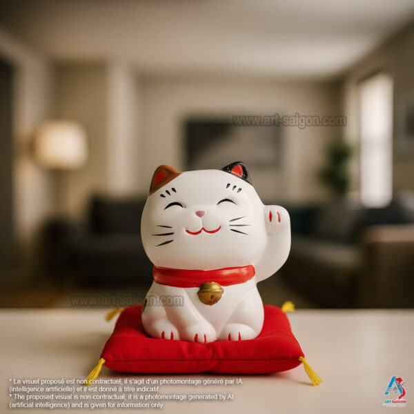 Maneki Neko Blanc, Fabriqué au Japon. Chat Porte Bonheur Japonais, Lucky Cat | Décoration et Artisanat Asiatique - Article vendu par la Boutique Art-Saigon.com