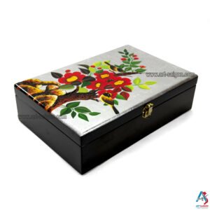 Boite Bijoux en Bois Laqué Argenté "Couple d’oiseaux et Fleurs". Décoration et Artisanat du Vietnam. Article vendu par la Boutique Art-saigon.com