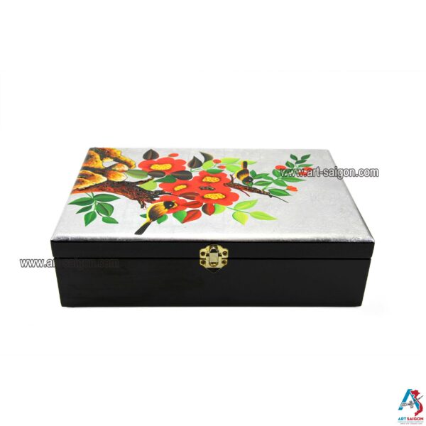 Boite Bijoux en Bois Laqué Argenté "Couple d’oiseaux et Fleurs". Décoration et Artisanat du Vietnam. Article vendu par la Boutique Art-saigon.com