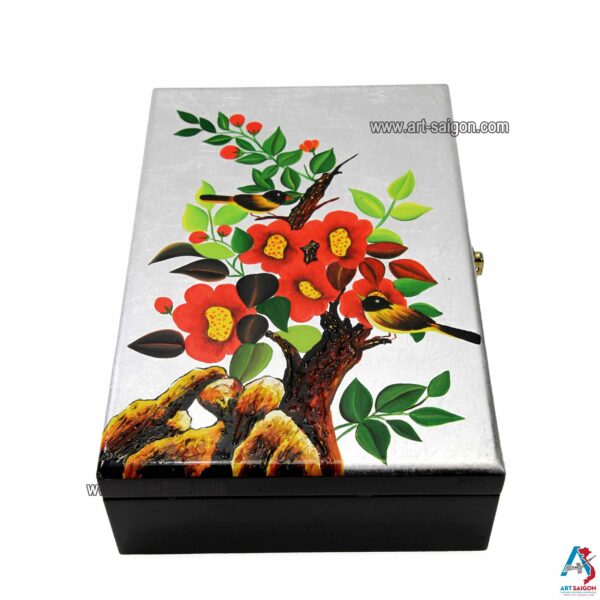 Boite Bijoux en Bois Laqué Argenté "Couple d’oiseaux et Fleurs". Décoration et Artisanat du Vietnam. Article vendu par la Boutique Art-saigon.com