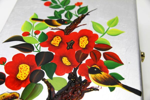Boite Bijoux en Bois Laqué Argenté "Couple d’oiseaux et Fleurs". Décoration et Artisanat du Vietnam. Article vendu par la Boutique Art-saigon.com