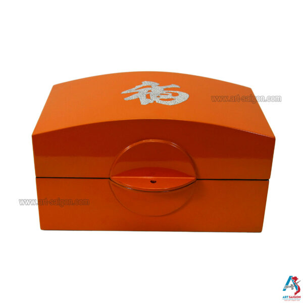 Boite de Rangement en Bois Laqué Orange, Motif Symbole Bonheur - Décoration et Artisanat du Vietnam - Article vendu par la Boutique Art-saigon.com