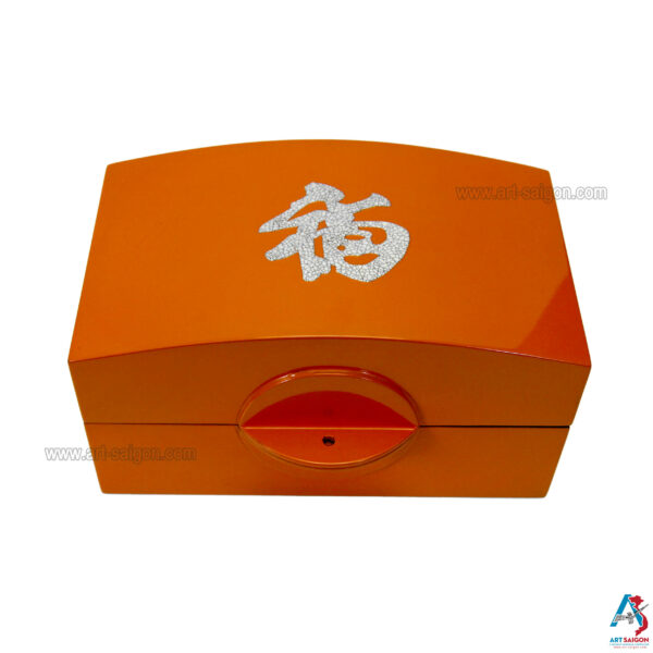 Boite de Rangement en Bois Laqué Orange, Motif Symbole Bonheur - Décoration et Artisanat du Vietnam - Article vendu par la Boutique Art-saigon.com