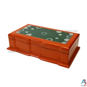Boite à Bijoux en Bois Laqué Rouge Orangé et Nacre  (L24cm)(réf. S54-8171)