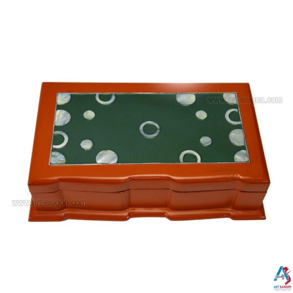 Boite à Bijoux en Bois Laqué Rouge Orangé et Nacre  (L24cm)(réf. S54-8171) – Image 4
