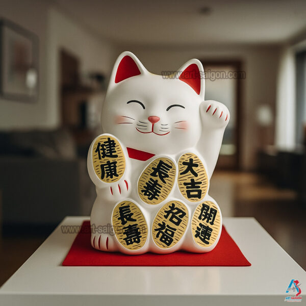 Maneki Neko Blanc, Tirelire, Fabriqué au Japon. Chat Porte Bonheur Japonais, Lucky Cat | Décoration et Artisanat Asiatique - Article vendu par la Boutique Art-Saigon.com