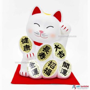 Maneki Neko Blanc, Tirelire, Fabriqué au Japon. Chat Porte Bonheur Japonais, Lucky Cat | Décoration et Artisanat Asiatique - Article vendu par la Boutique Art-Saigon.com