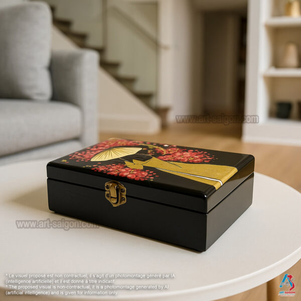 Boite Bijoux en Bois Laqué "Femme Vietnamienne et Fleurs de Cerisier". Décoration et Artisanat du Vietnam. Article vendu par la Boutique Art-saigon.com