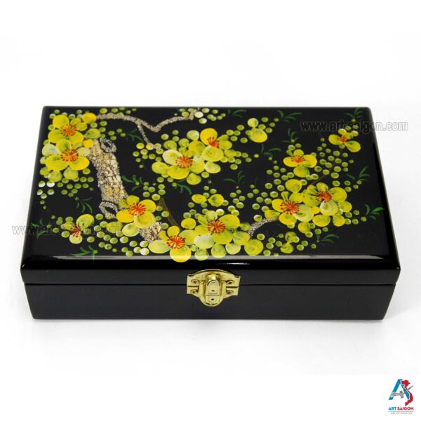 Boite Bijoux en Bois Laqué Noir, Motif Fleurs de Cerisier. Décoration et Artisanat du Vietnam. Article vendu par la Boutique Art-saigon.com