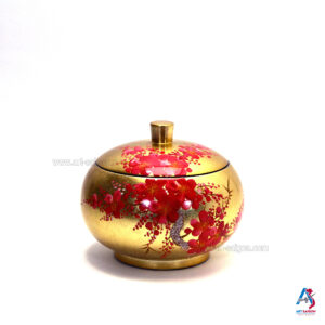 Boîte en Bois Laqué Doré - Ronde Ø15cm - Fleurs de Cerisier Rouges (réf. S59-8520)