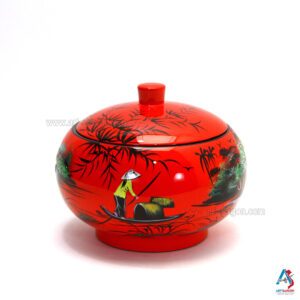 Boîte en Bois Laqué Rouge - Ronde Ø15cm - La Campagne du Vietnam (réf. S59-8552)