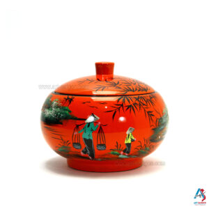 Boîte en Bois Laqué Orange - Ronde Ø15cm - La Campagne du Vietnam (réf. S59-8559)