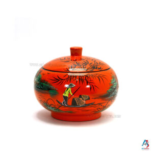 Boîte en Bois Laqué Orange - Ronde Ø15cm - La Campagne du Vietnam (réf. S59-8567)
