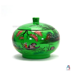 Boîte en Bois Laqué Vert - Ronde Ø15cm - La Campagne du Vietnam (réf. S59-8586)