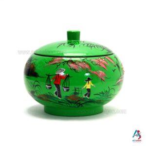 Boîte en Bois Laqué Vert - Ronde Ø15cm - La Campagne du Vietnam (réf. S59-8597)
