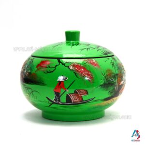 Boîte en Bois Laqué Vert - Ronde Ø15cm - La Campagne du Vietnam (réf. S59-8607)