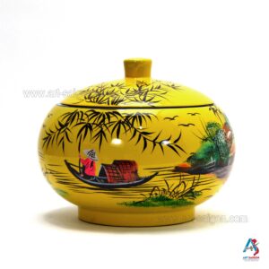 Boîte en Bois Laqué Jaune - Ronde Ø15cm - La Campagne du Vietnam (réf. S59-8618)