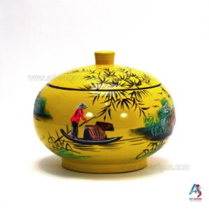 Boîte en Bois Laqué Jaune - Ronde Ø15cm - La Campagne du Vietnam (réf. S59-8630)
