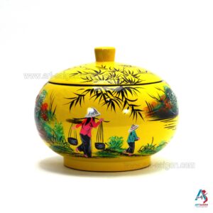 Boîte en Bois Laqué Jaune - Ronde Ø15cm - La Campagne du Vietnam (réf. S59-8639)