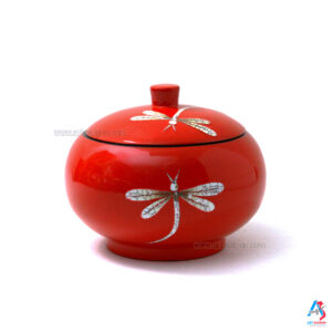 Boîte en Bois Laqué Rouge - Ronde Ø15cm - Motif Libellule (réf. S59-9029)