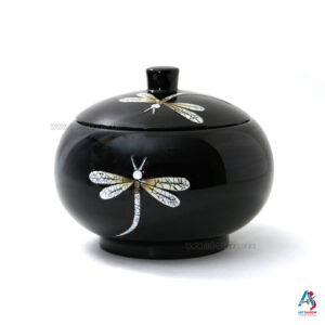 Boîte en Bois Laqué Noir - Ronde Ø15cm - Motif Libellule (réf. S59-9042)
