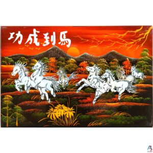Tableau en Bois Laqué, Les 8 chevaux du bonheur, Fabriqué à la main. Panneau Murale du Vietnam | Décoration et Artisanat Asiatique | Article vendu par la Boutique Art-Saigon.com