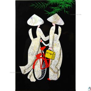 Tableau en Bois Laqué, Étudiantes Vietnamiennes, Fabriqué à la main. Panneau Murale du Vietnam | Décoration et Artisanat Asiatique | Article vendu par la Boutique Art-Saigon.com