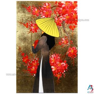 Tableau en Bois Laqué Peint, Femme Vietnamienne et Fleurs de Cerisier, Fabriqué à la main. Panneau Murale du Vietnam | Décoration et Artisanat Asiatique | Article vendu par la Boutique Art-Saigon.com