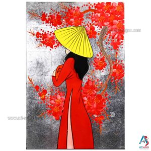 Tableau en Bois Laqué Peint, Femme Vietnamienne et Fleurs de Cerisier, Fabriqué à la main. Panneau Murale du Vietnam | Décoration et Artisanat Asiatique | Article vendu par la Boutique Art-Saigon.com