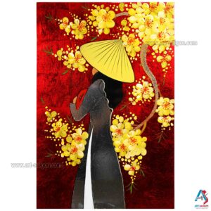 Tableau en Bois Laqué Peint, Femme Vietnamienne et Fleurs de Cerisier, Fabriqué à la main. Panneau Murale du Vietnam | Décoration et Artisanat Asiatique | Article vendu par la Boutique Art-Saigon.com