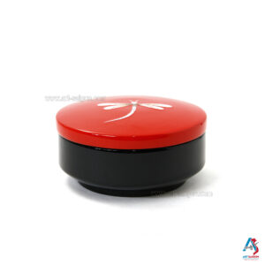 Boîte en Bois Laqué Rouge - Ronde Plate Ø14cm - Motif Libellule (réf. S59-8676)