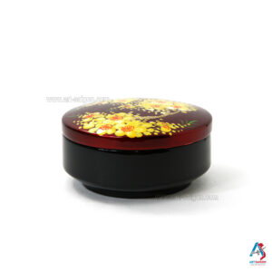 Boîte en Bois Laqué Rouge - Ronde Plate Ø14cm - Fleurs de Cerisier Jaunes (réf. S59-8684)