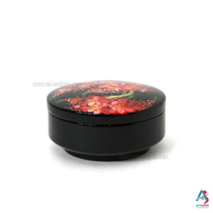 Boîte en Bois Laqué Noir - Ronde Plate Ø14cm - Fleurs de Cerisier Rouge (réf. S59-8705)