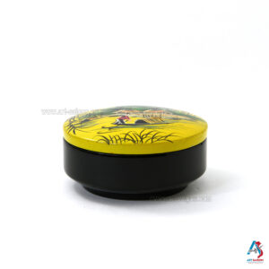 Boîte en Bois Laqué Jaune - Ronde Plate Ø14cm - La Campagne du Vietnam (réf. S59-8721)