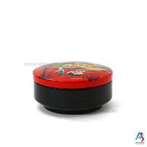 Boîte en Bois Laqué Rouge - Ronde Plate Ø14cm - La Campagne du Vietnam (réf. S59-8766)