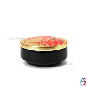 Boîte en Bois Laqué Doré - Ronde Plate Ø14cm - Fleurs de Cerisier Rouge (réf. S59-8770)