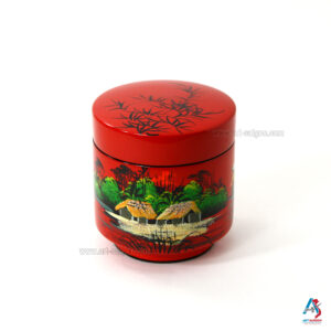 Boîte en Bois Laqué Rouge - Bocal Ronde H10cm - La Campagne du Vietnam (réf. S59-9089)