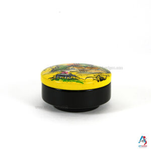 Boîte en Bois Laqué Jaune - Ronde Plate Ø9cm - La Campagne du Vietnam (réf. S59-9168)