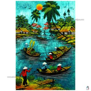 La Campagne du Vietnam Cyan – Tableau Bois Laqué Peint 20x30cm (réf. S62-0012)