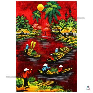La Campagne du Vietnam Rouge – Tableau Bois Laqué Peint 20x30cm (réf. S62-0027)