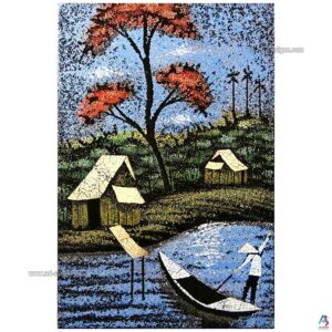 La Campagne du Vietnam Bleu – Tableau Bois Laqué et Coquille d’œuf 20x30cm (réf. S62-9666)