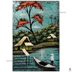 La Campagne du Vietnam Cyan – Tableau Bois Laqué et Coquille d’œuf 20x30cm (réf. S62-9675)