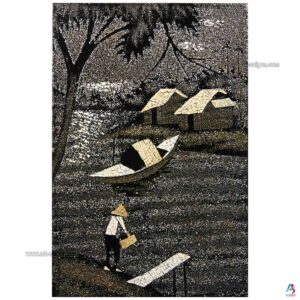 La Campagne du Vietnam Gris – Tableau Bois Laqué et Coquille d’œuf 20x30cm (réf. S62-9679)